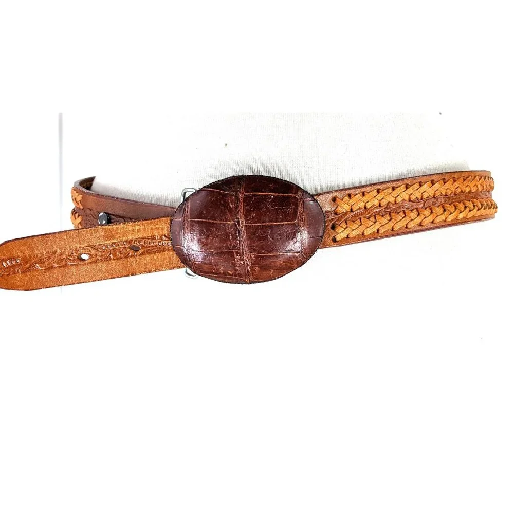 Vintage brown tooled braided leather reptile embossed buckle belt - Picture 5 of 6